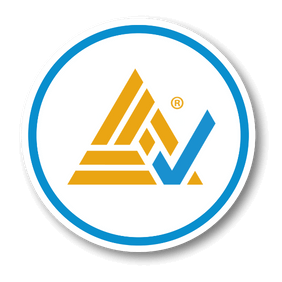 Auditwerx Logo Stamp. Round blue and white stamp style image with Auditwerx triangle checkmark logo in the middle.